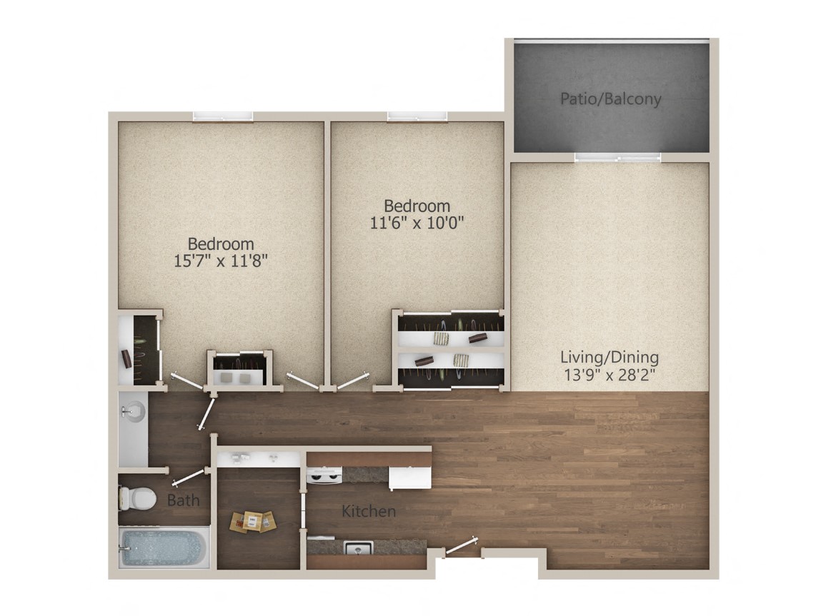 Floor plan for 2 beds, 1 bath, 944 sqft